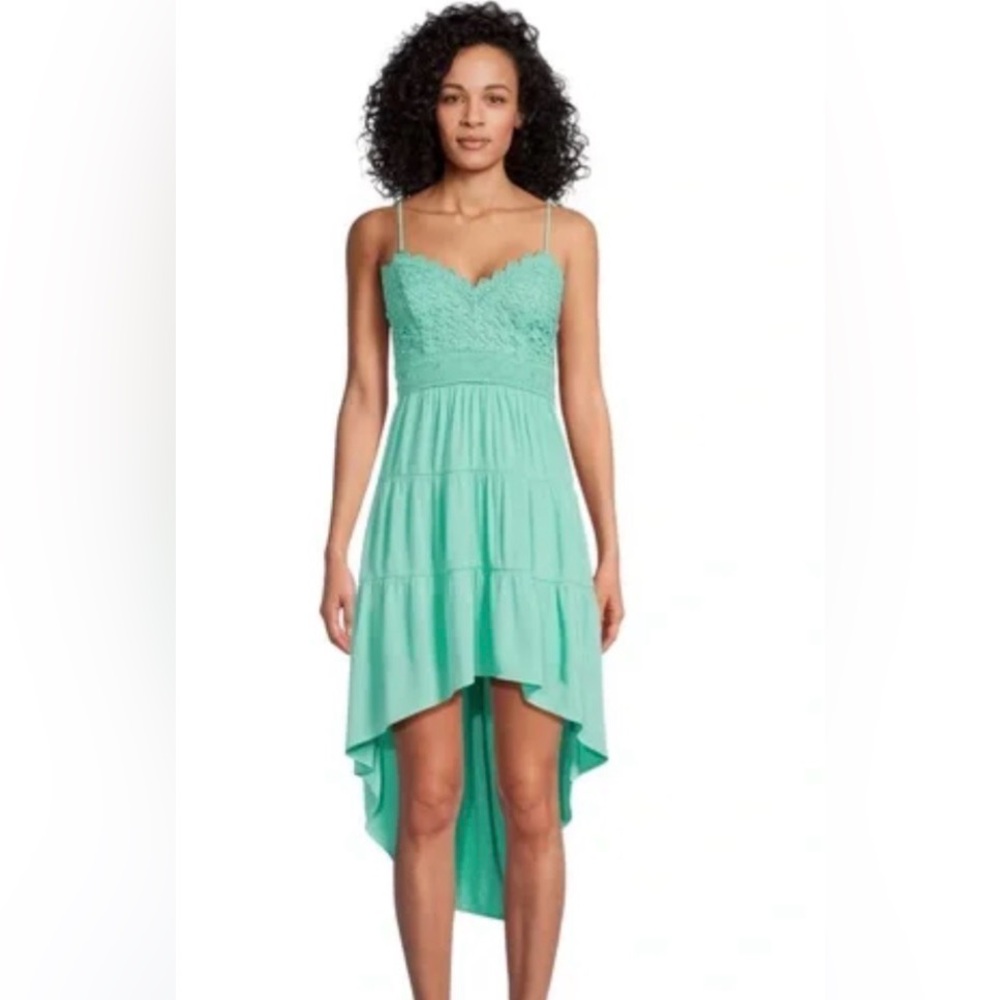 Teal Crochet High Low Dress with crocheted bust and v neck line mint 11-13 size